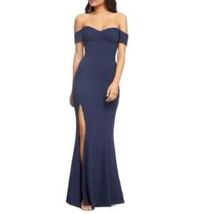 Dress the Population Off the Shoulder Gown with Leg Slit Blue XL $264 Retail